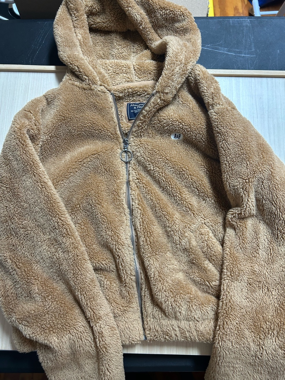 Abercrombie & Fitch Size S Tan Sherpa Teddy Fleece Full Zip Hoodie Jacket